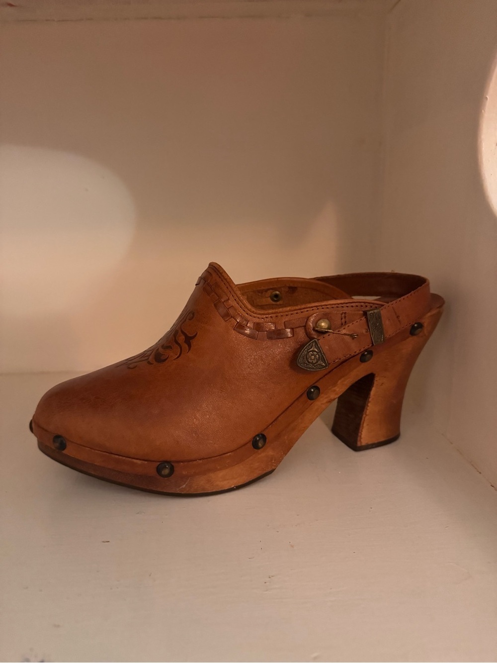 Brown Leather Wooden Clogs